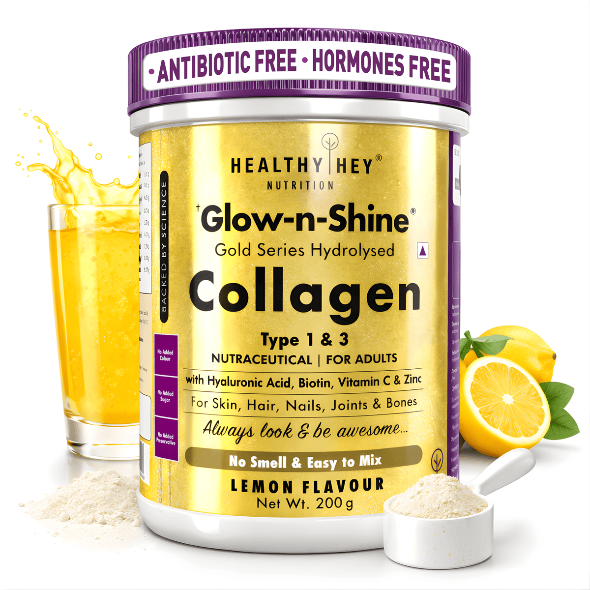 HealthyHey Nutrition Powder Lemon Skin Glow-n-Shine Collagen Powder 200g | Hydrolysed Collagen for Women and Men with Hyaluronic Acid, Biotin and Vitamin C for Healthy Skin, Hair and Nails