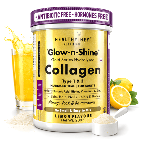 HealthyHey Nutrition Powder Lemon Skin Glow-n-Shine Collagen Powder 200g | Hydrolysed Collagen for Women and Men with Hyaluronic Acid, Biotin and Vitamin C for Healthy Skin, Hair and Nails