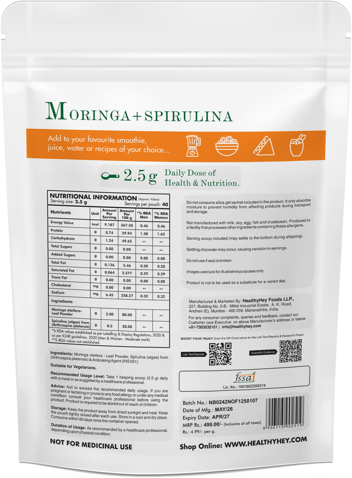 HealthyHey Nutrition Powder Moringa Plus Spirulina Powder Natural Antioxidant support lipid profile & Immune Health, Support Nutritional & Energy Levels  - 100g