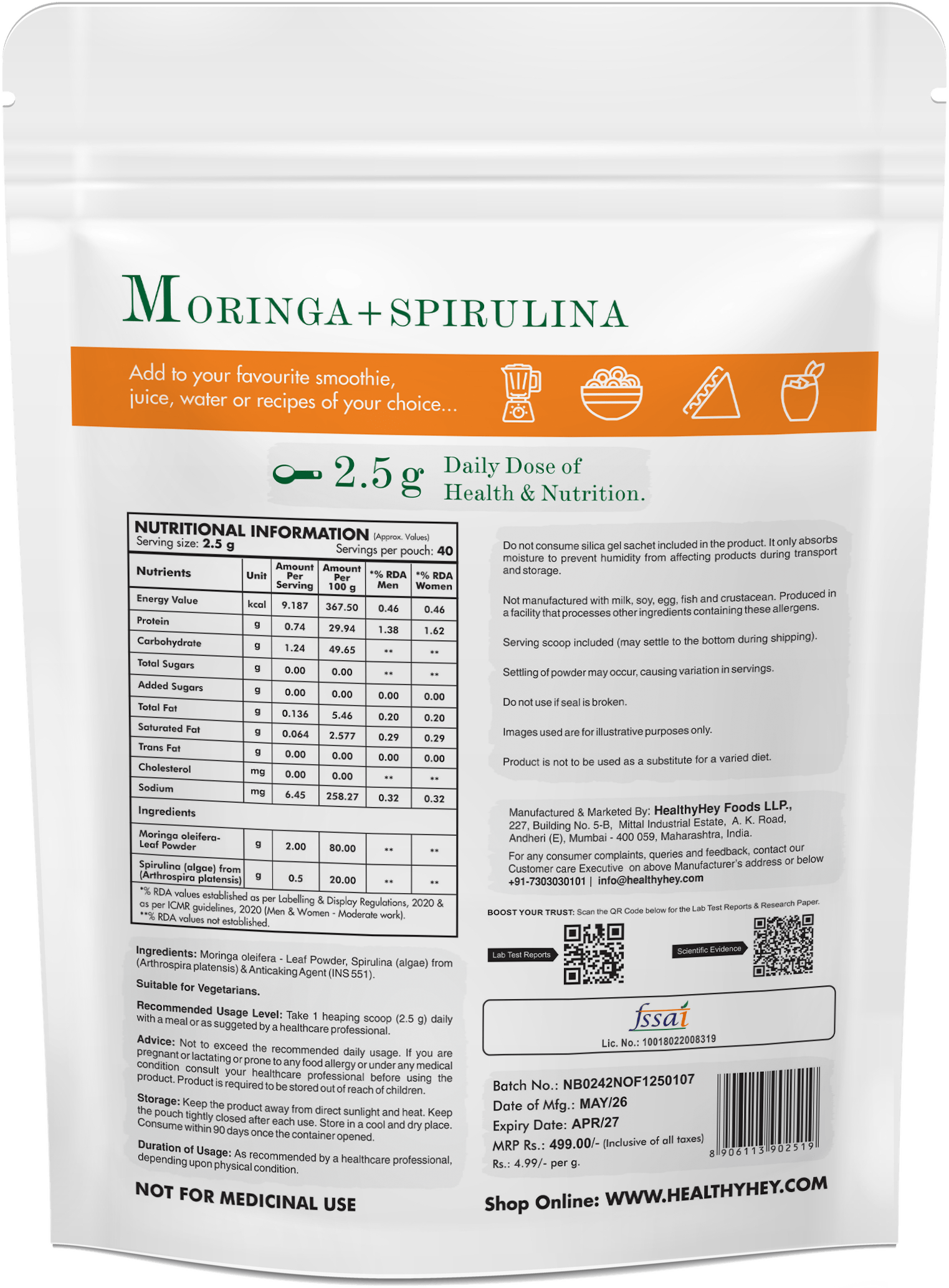 HealthyHey Nutrition Powder Moringa Plus Spirulina Powder Natural Antioxidant support lipid profile & Immune Health, Support Nutritional & Energy Levels  - 100g