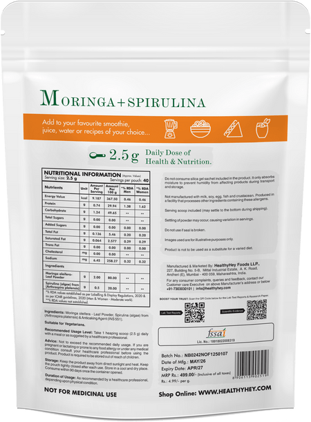 HealthyHey Nutrition Powder Moringa Plus Spirulina Powder Natural Antioxidant support lipid profile & Immune Health, Support Nutritional & Energy Levels  - 100g