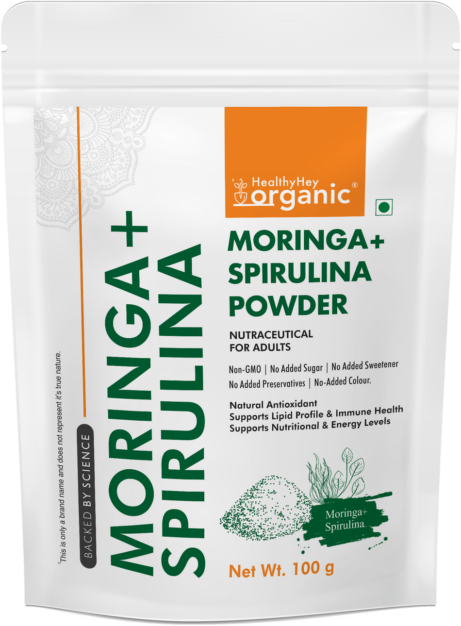 HealthyHey Nutrition Powder Moringa Plus Spirulina Powder Natural Antioxidant support lipid profile & Immune Health, Support Nutritional & Energy Levels  - 100g
