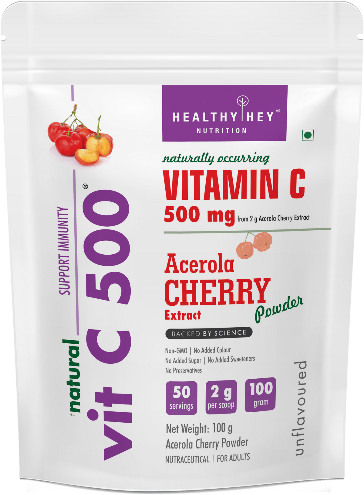 HealthyHey Nutrition Powder Natural Vitamin C 500 - Natural Vitamin C sourced from Acerola Cherry Extract Powder - Support Immunity - 100gm Powder (Unflavoured)