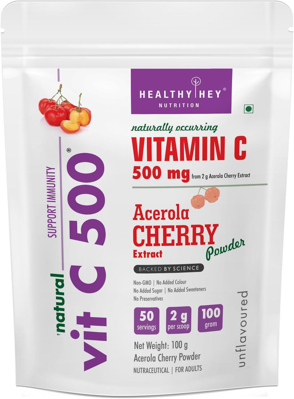 HealthyHey Nutrition Powder Natural Vitamin C 500 - Natural Vitamin C sourced from Acerola Cherry Extract Powder - Support Immunity - 100gm Powder (Unflavoured)