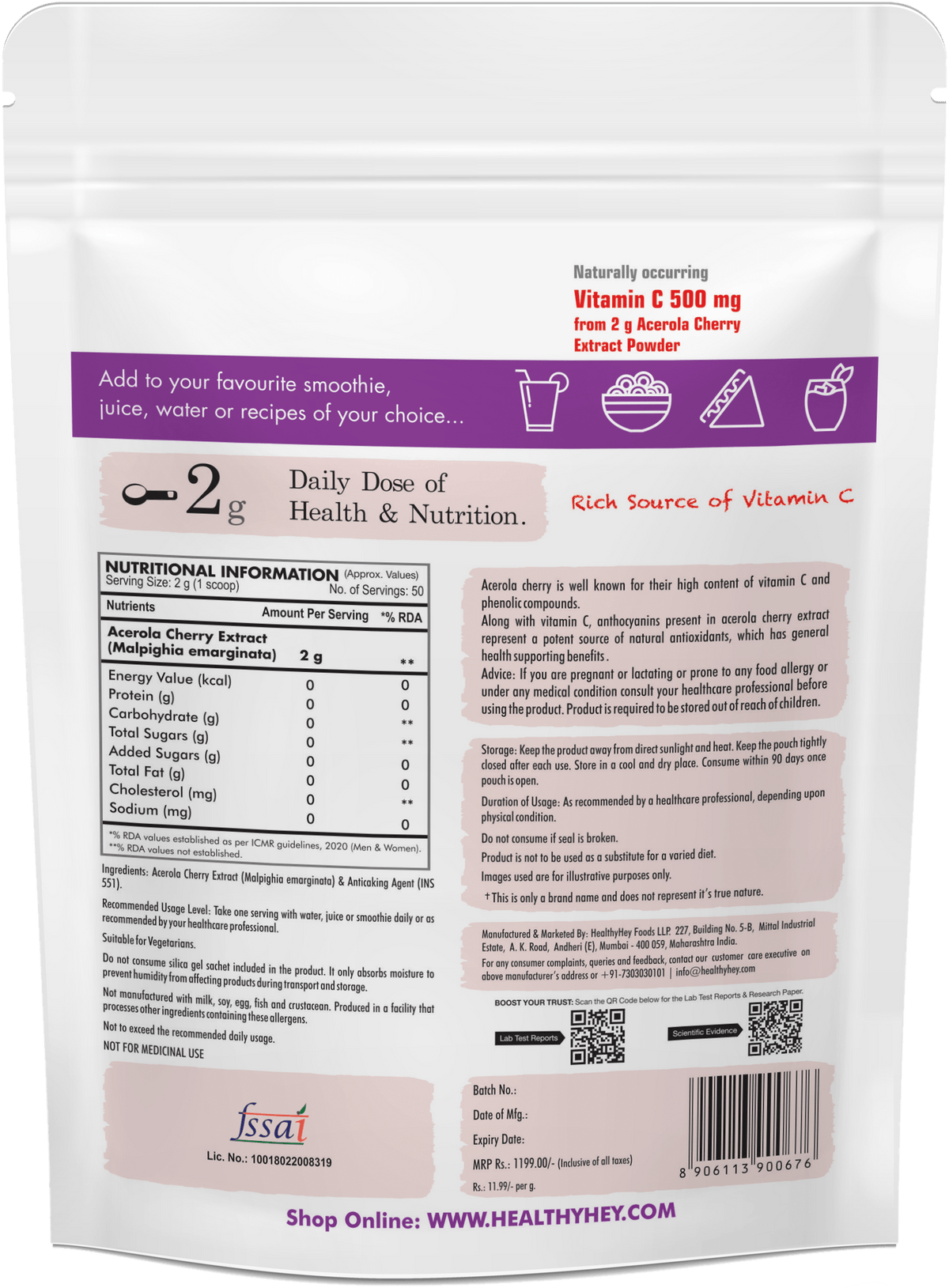 HealthyHey Nutrition Powder Natural Vitamin C 500 - Natural Vitamin C sourced from Acerola Cherry Extract Powder - Support Immunity - 100gm Powder (Unflavoured)