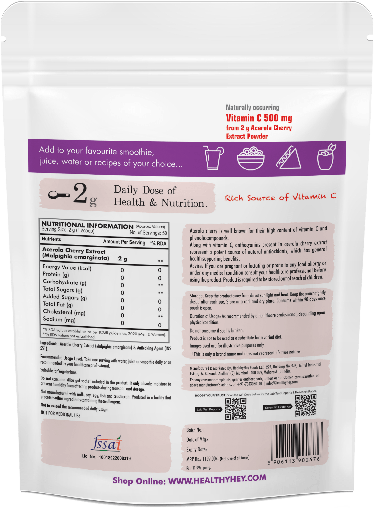 HealthyHey Nutrition Powder Natural Vitamin C 500 - Natural Vitamin C sourced from Acerola Cherry Extract Powder - Support Immunity - 100gm Powder (Unflavoured)