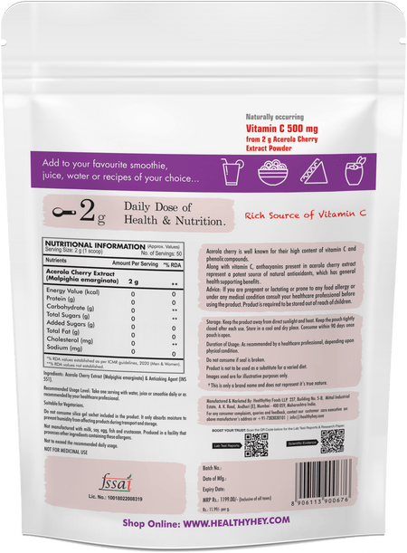HealthyHey Nutrition Powder Natural Vitamin C 500 - Natural Vitamin C sourced from Acerola Cherry Extract Powder - Support Immunity - 100gm Powder (Unflavoured)