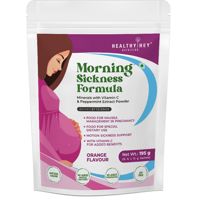 HealthyHey Nutrition Powder Orange / 195gm Morning Sickness Formula : Ginger, Pepper Mint Extract for Pregnancy, Nausea, Digestion, Vitamin C & Magnesium, Orange flavour, 15 Sachets
