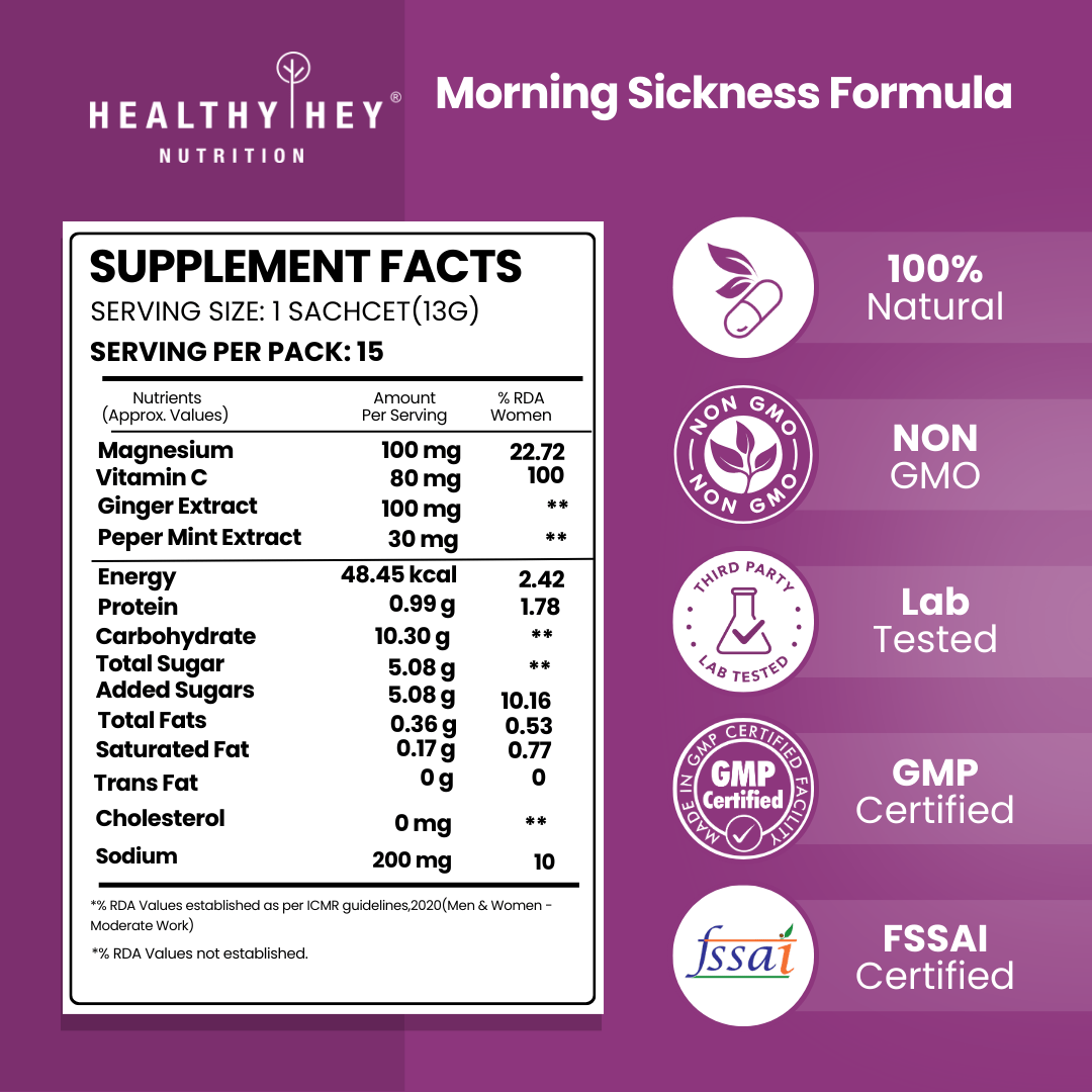 HealthyHey Nutrition Powder Orange / 195gm Morning Sickness Formula : Ginger, Pepper Mint Extract for Pregnancy, Nausea, Digestion, Vitamin C & Magnesium, Orange flavour, 15 Sachets