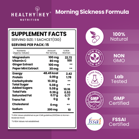HealthyHey Nutrition Powder Orange / 195gm Morning Sickness Formula : Ginger, Pepper Mint Extract for Pregnancy, Nausea, Digestion, Vitamin C & Magnesium, Orange flavour, 15 Sachets