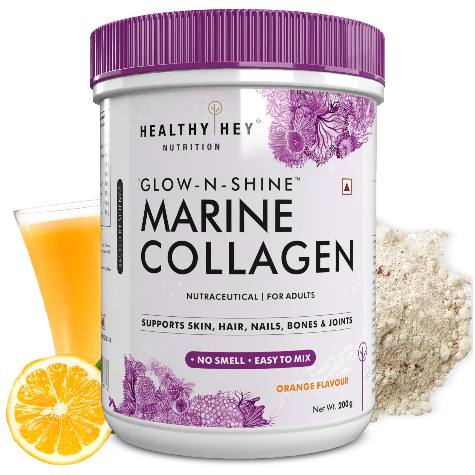 HealthyHey Nutrition Powder Orange Glow-n-Shine Marine Collagen Peptide Powder 200g - Boost Skin, Hair & Joint Health