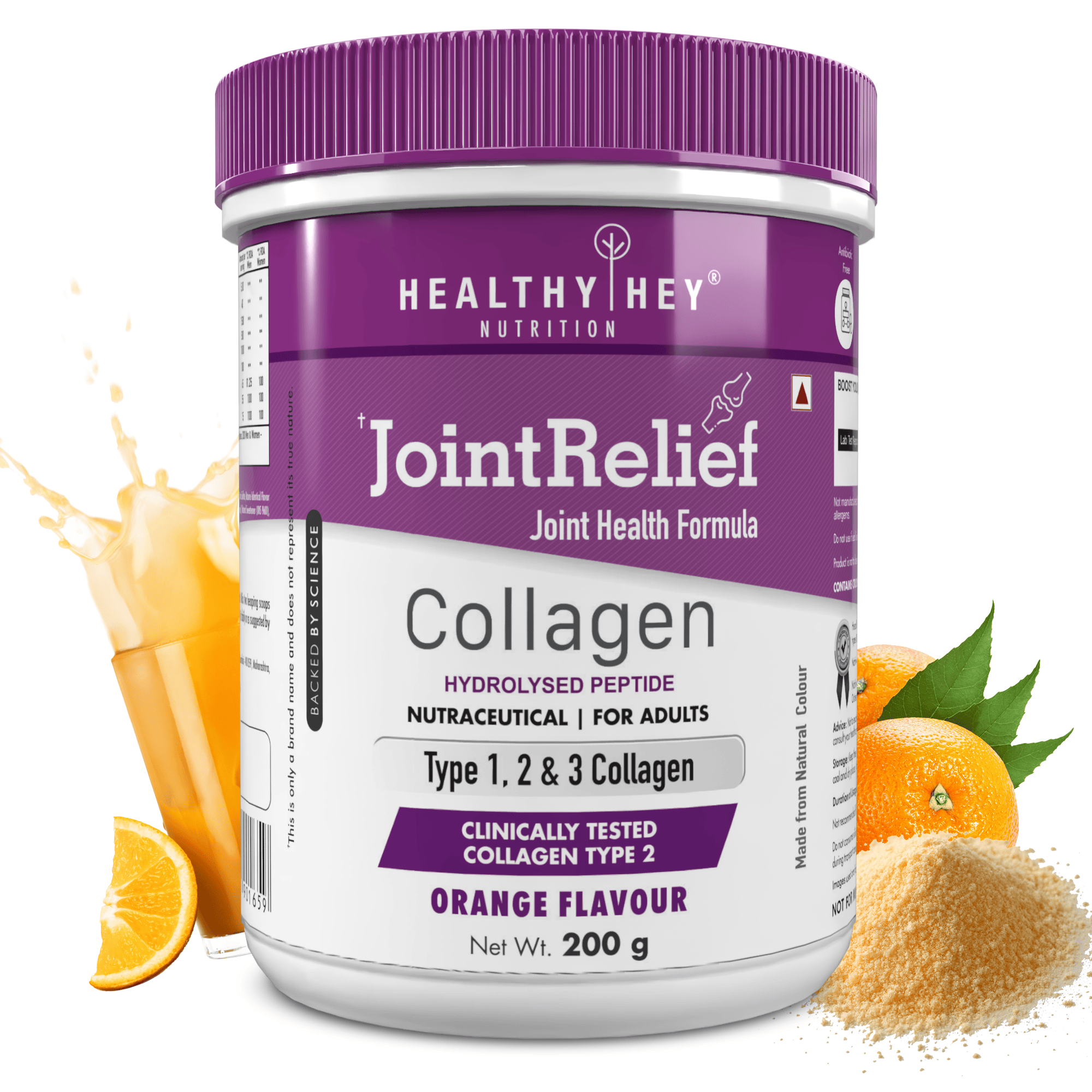 HealthyHey Nutrition Powder Orange JointRelief Collagen Peptide Type 1, 2 & 3 - Support Joint and Cartilage Health - 200g Powder