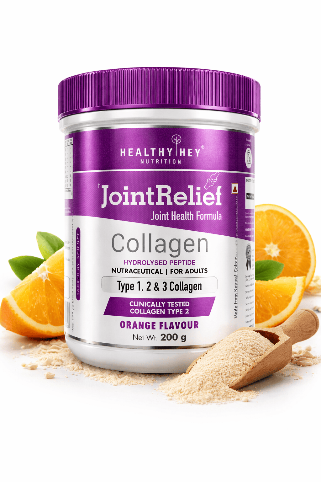 HealthyHey Nutrition Powder Orange JointRelief Collagen Peptide Type 1, 2 & 3 - Support Joint and Cartilage Health - 200g Powder