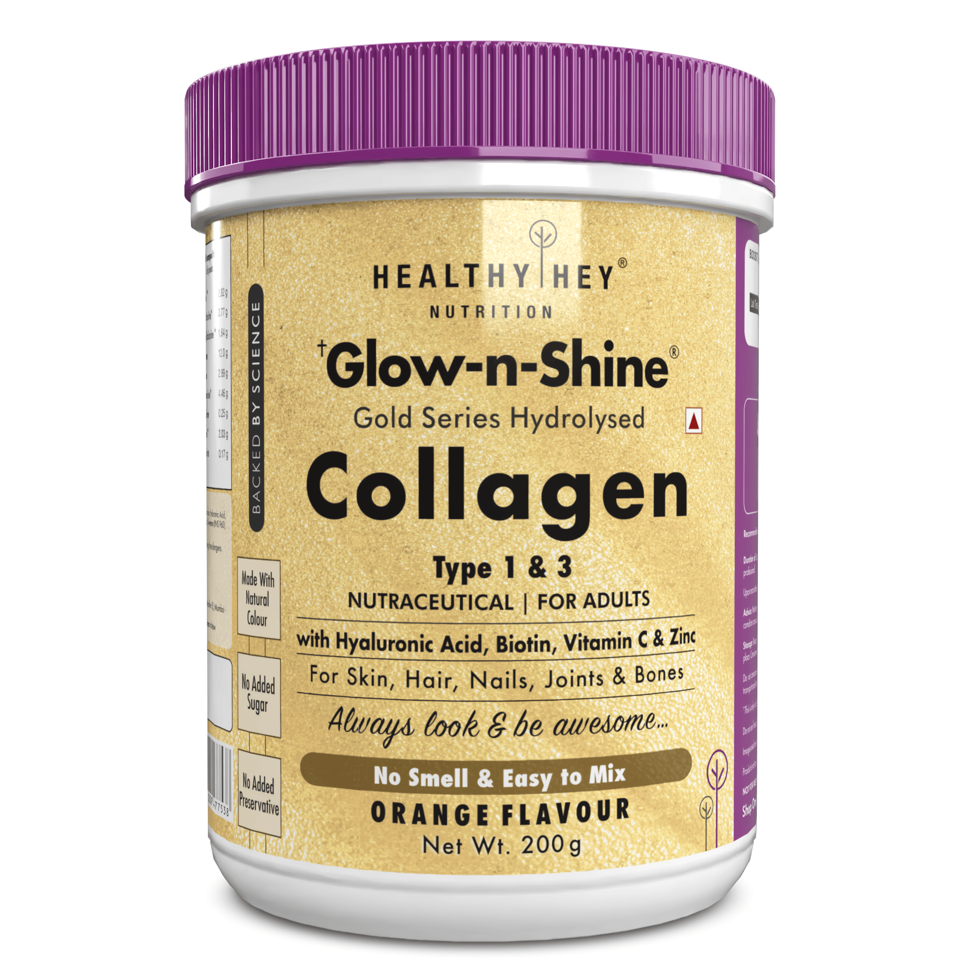 HealthyHey Nutrition Powder Orange Skin Glow-n-Shine Collagen Powder 200g | Hydrolysed Collagen for Women and Men with Hyaluronic Acid, Biotin and Vitamin C for Healthy Skin, Hair and Nails