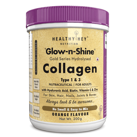 HealthyHey Nutrition Powder Orange Skin Glow-n-Shine Collagen Powder 200g | Hydrolysed Collagen for Women and Men with Hyaluronic Acid, Biotin and Vitamin C for Healthy Skin, Hair and Nails