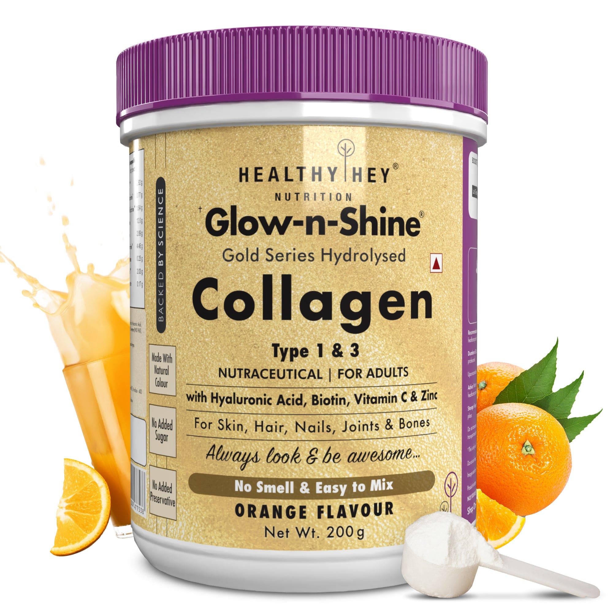 HealthyHey Nutrition Powder Orange Skin Glow-n-Shine Collagen Powder 200g | Hydrolysed Collagen for Women and Men with Hyaluronic Acid, Biotin and Vitamin C for Healthy Skin, Hair and Nails