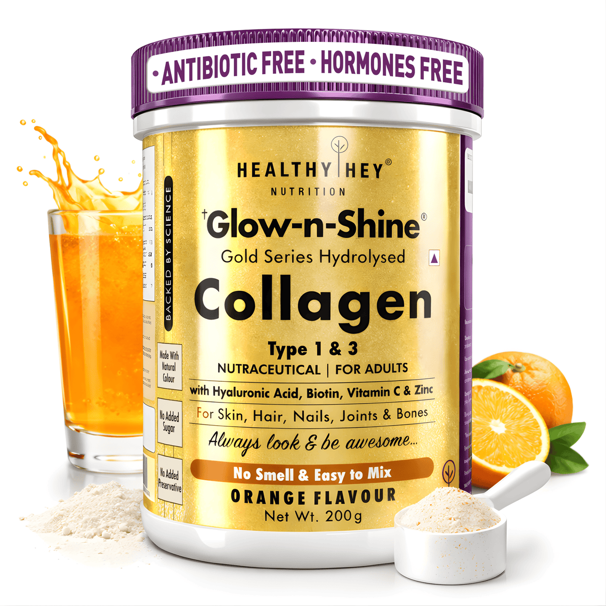 HealthyHey Nutrition Powder Orange Skin Glow-n-Shine Collagen Powder 200g | Hydrolysed Collagen for Women and Men with Hyaluronic Acid, Biotin and Vitamin C for Healthy Skin, Hair and Nails