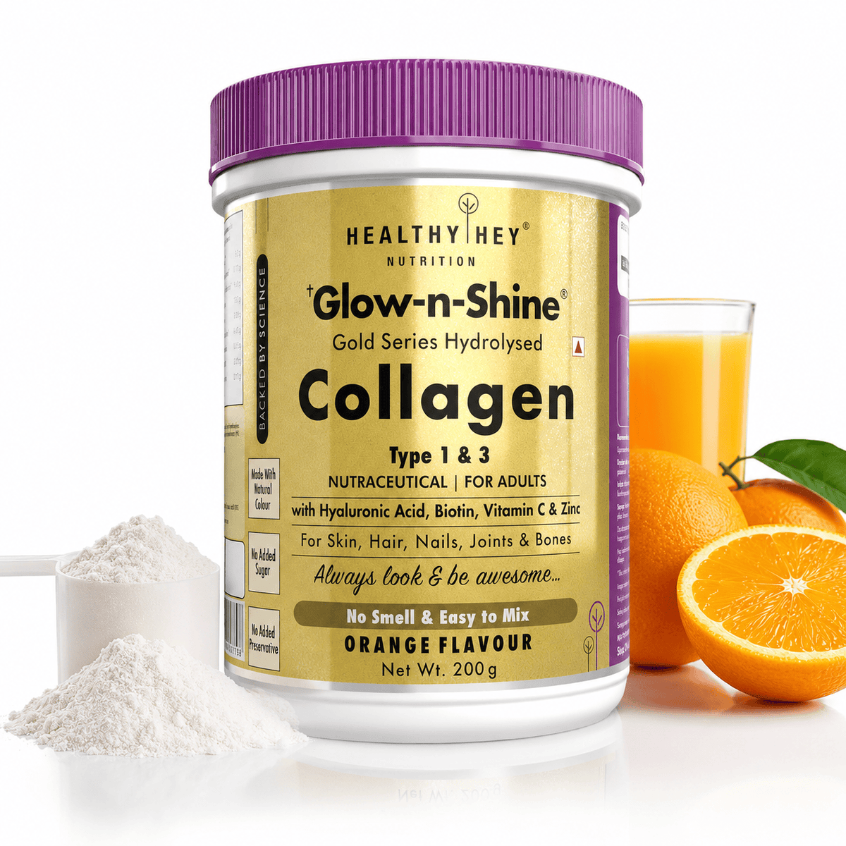 HealthyHey Nutrition Powder Orange Skin Glow-n-Shine Collagen Powder 200g | Hydrolysed Collagen for Women and Men with Hyaluronic Acid, Biotin and Vitamin C for Healthy Skin, Hair and Nails