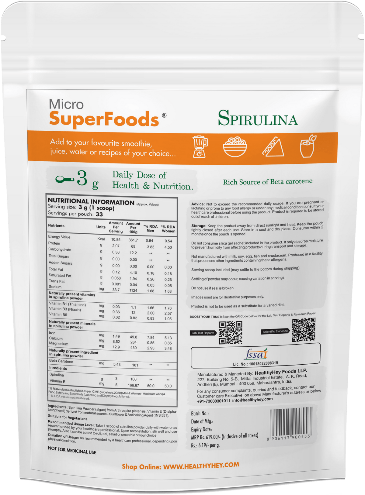 HealthyHey Nutrition Powder Organic Spirulina Powder Micro Superfoods, Rich in Protein, Vitamins & Minerals, 100 g