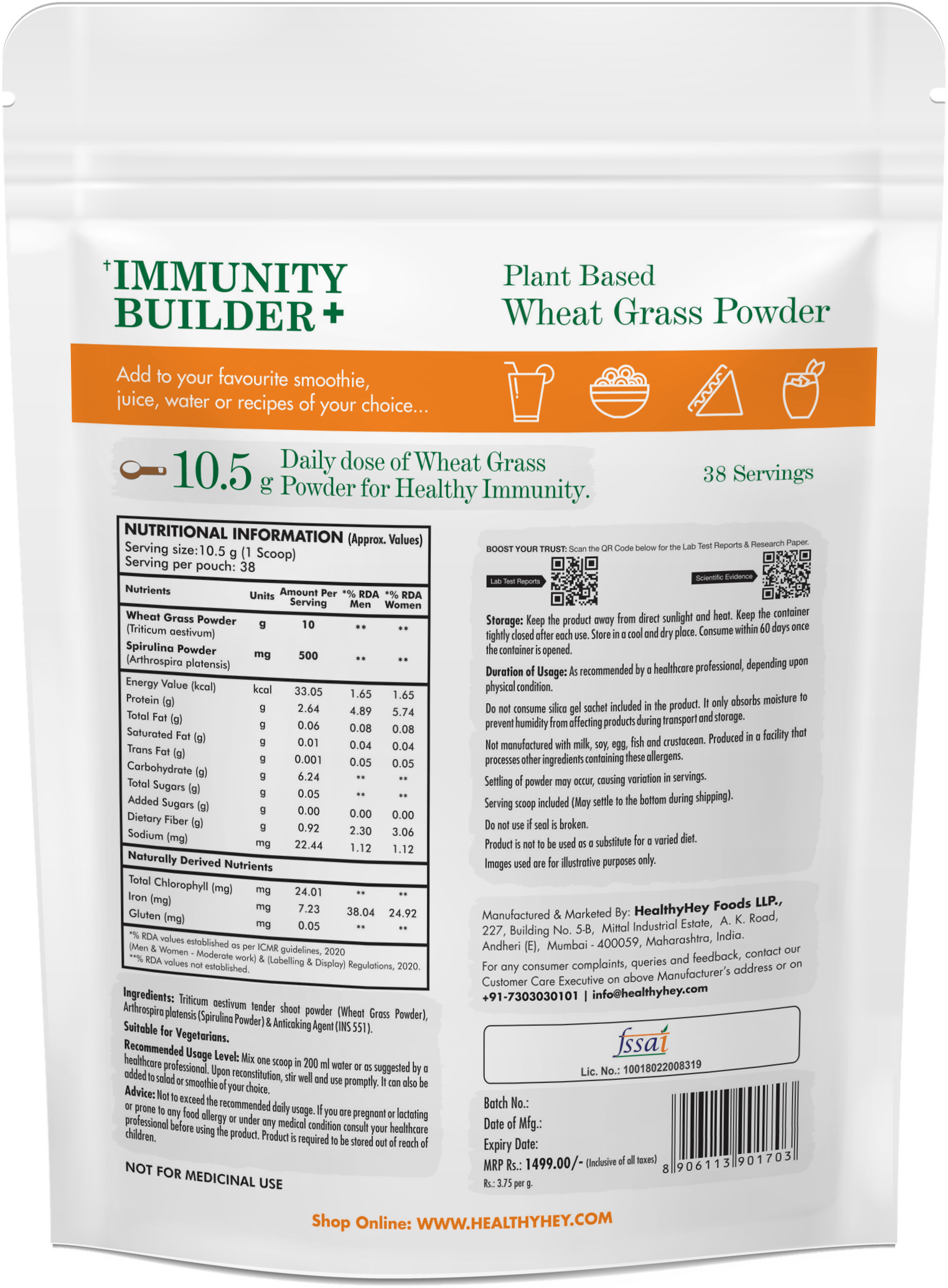 HealthyHey Nutrition Powder Organic Wheat Grass Powder | Builds Immunity & Detoxify Body | 400 gram