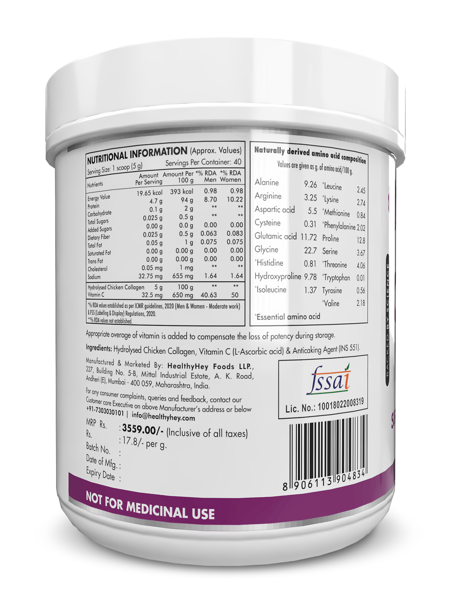 HealthyHey Nutrition Powder Poultry Collagen  Hydrolysed Chicken Collagen with Vitamin C Unflavoured 200g