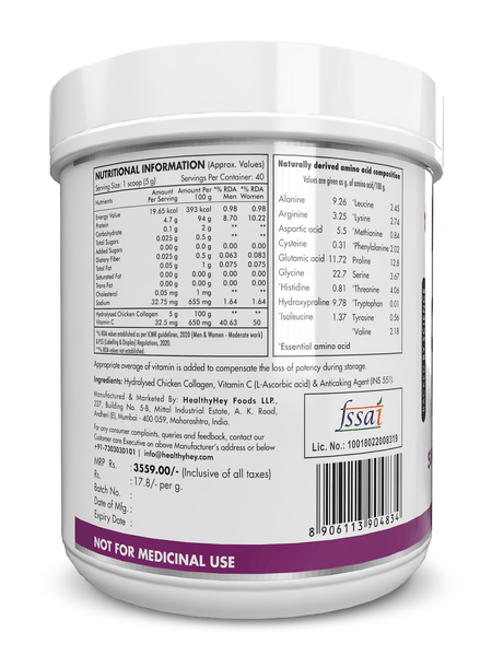 HealthyHey Nutrition Powder Poultry Collagen  Hydrolysed Chicken Collagen with Vitamin C Unflavoured 200g