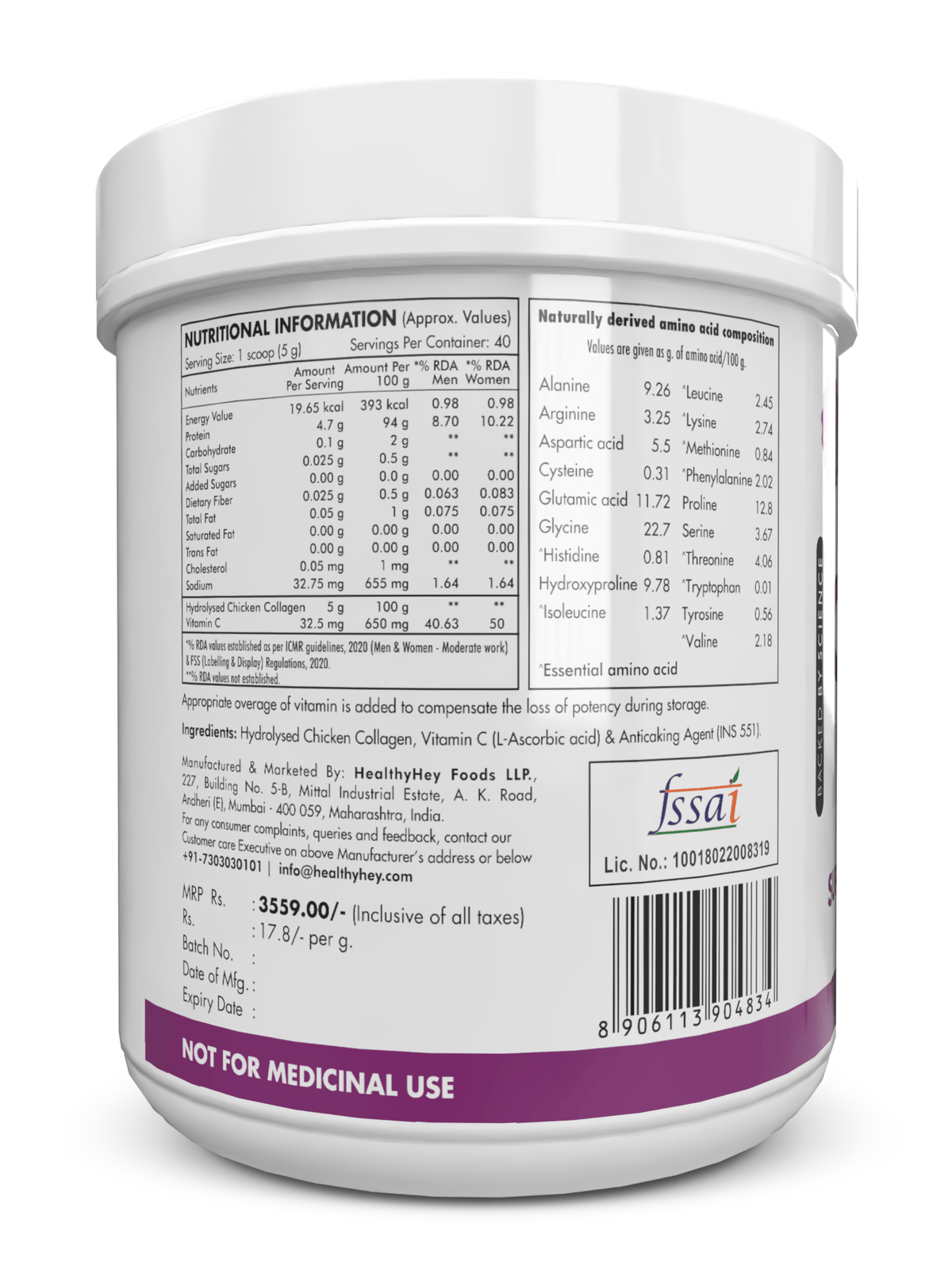 HealthyHey Nutrition Powder Poultry Collagen  Hydrolysed Chicken Collagen with Vitamin C Unflavoured 200g