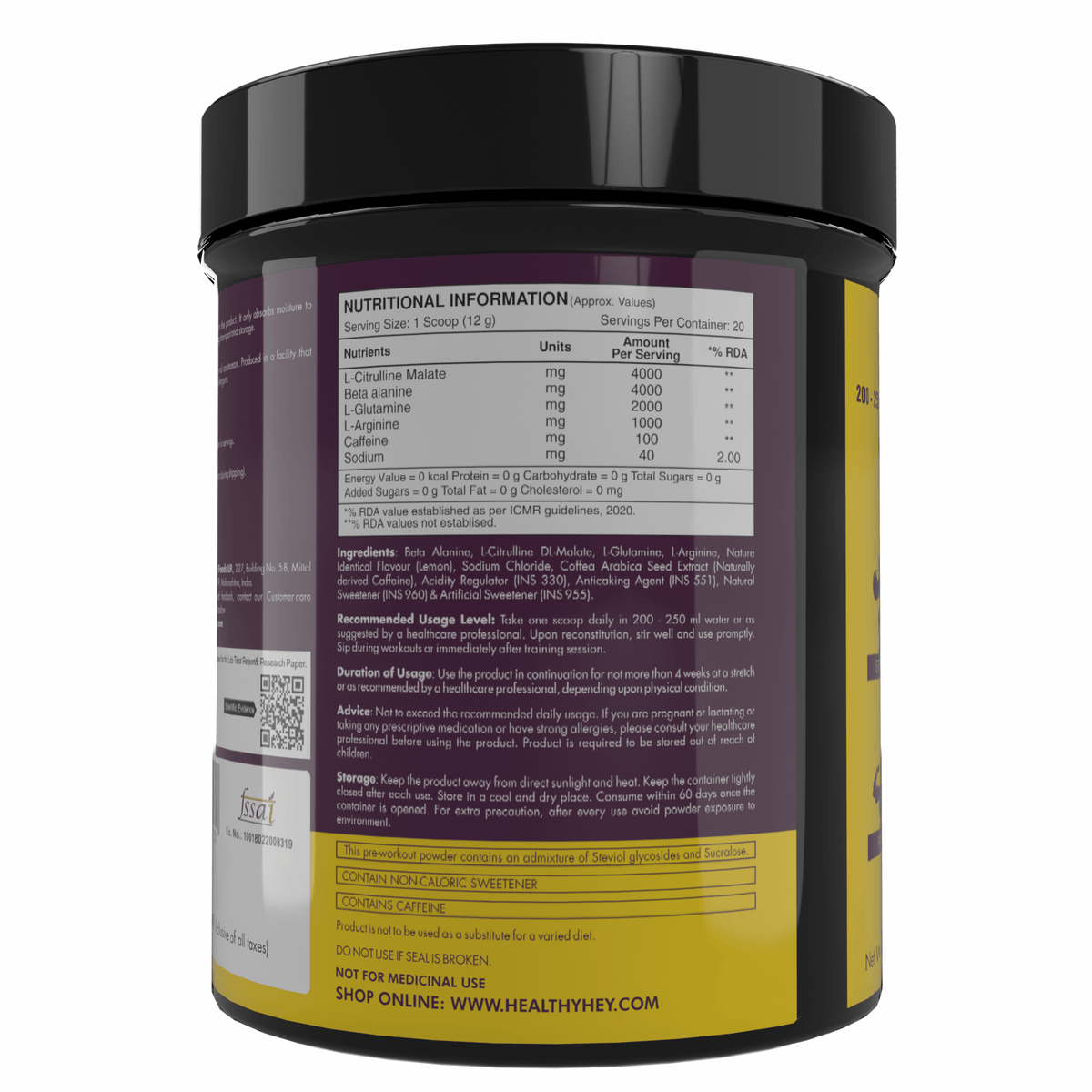 HealthyHey Nutrition Powder Pre-Workout, Pump, Energy, Strength Drink | Intense Sustained Energy | L-Citrulline, L-Arginine, Beta Alanine, Caffein, Glutamine & Sodium | 250 gram