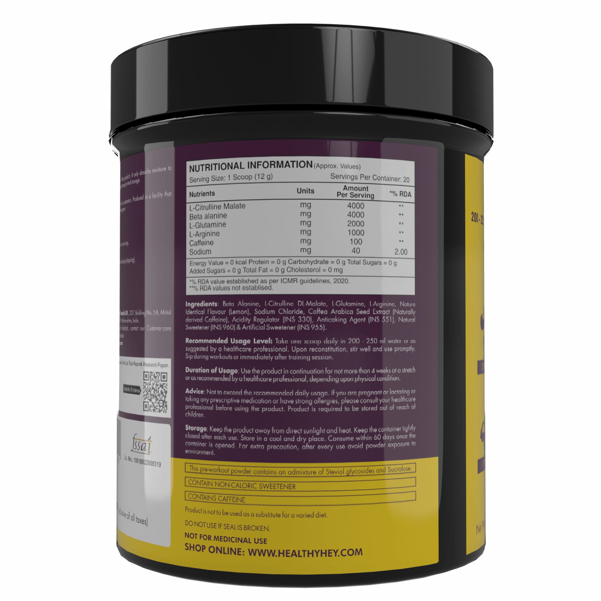HealthyHey Nutrition Powder Pre-Workout, Pump, Energy, Strength Drink | Intense Sustained Energy | L-Citrulline, L-Arginine, Beta Alanine, Caffein, Glutamine & Sodium | 250 gram