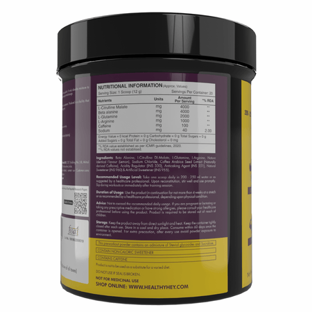 HealthyHey Nutrition Powder Pre-Workout, Pump, Energy, Strength Drink | Intense Sustained Energy | L-Citrulline, L-Arginine, Beta Alanine, Caffein, Glutamine & Sodium | 250 gram