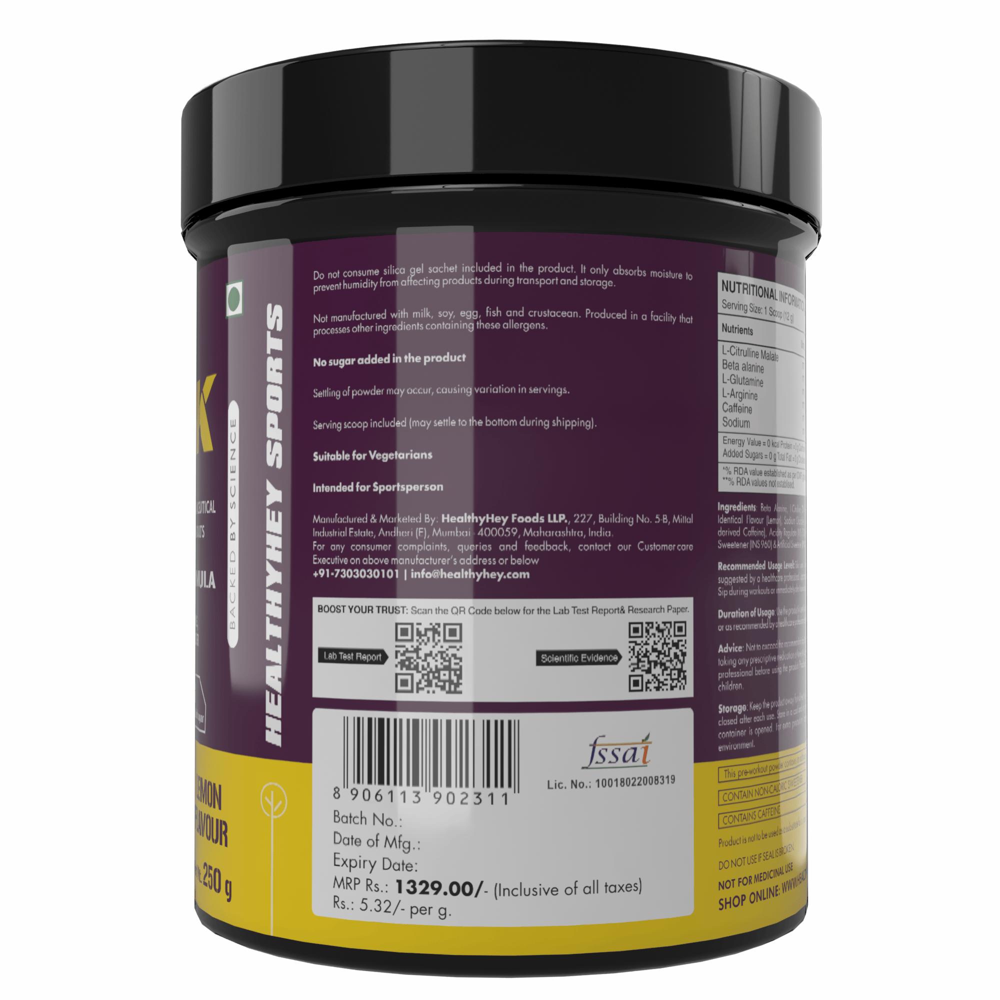 HealthyHey Nutrition Powder Pre-Workout, Pump, Energy, Strength Drink | Intense Sustained Energy | L-Citrulline, L-Arginine, Beta Alanine, Caffein, Glutamine & Sodium | 250 gram