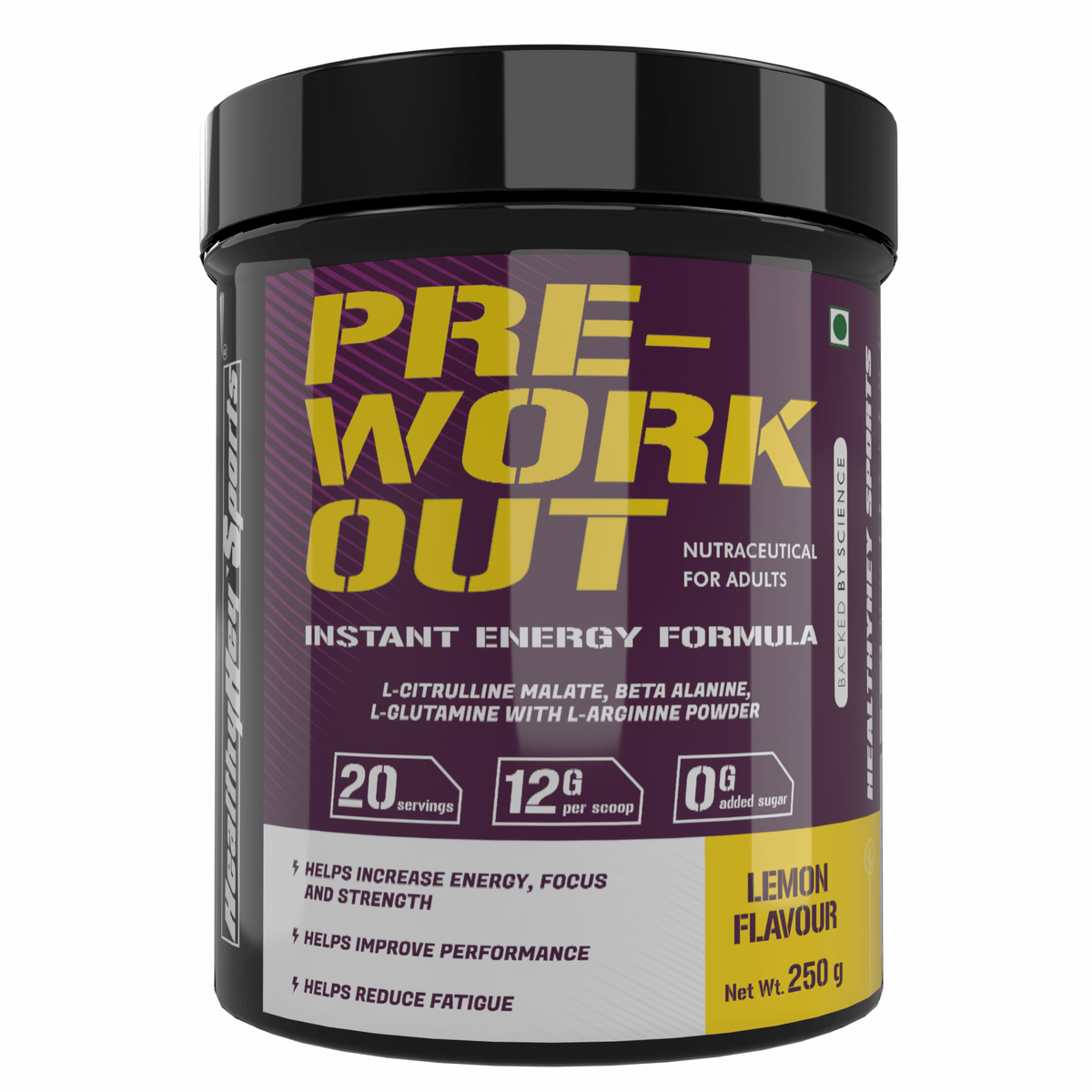 HealthyHey Nutrition Powder Pre-Workout, Pump, Energy, Strength Drink | Intense Sustained Energy | L-Citrulline, L-Arginine, Beta Alanine, Caffein, Glutamine & Sodium | 250 gram