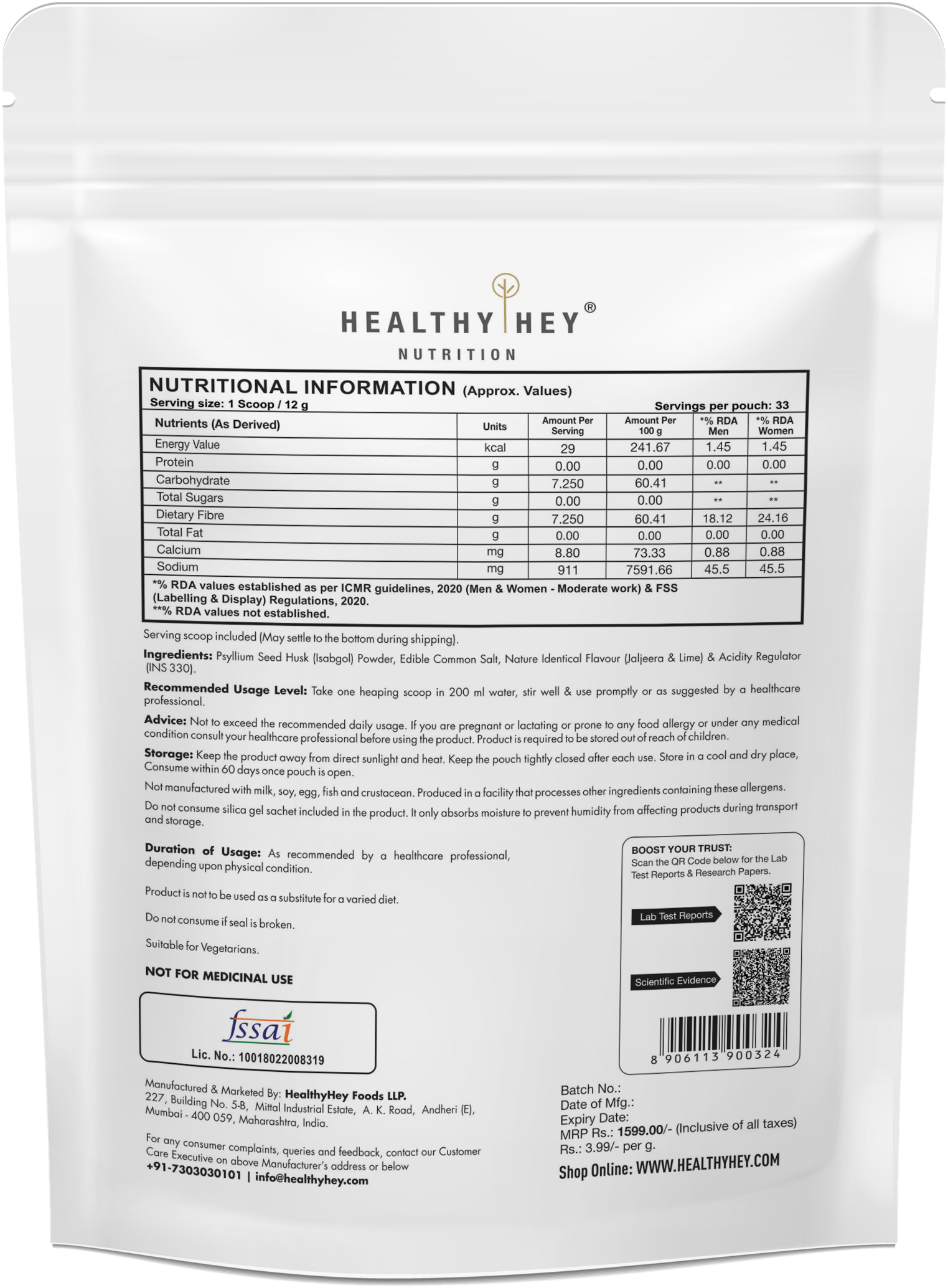 HealthyHey Nutrition Powder Psyllium Husk 99%, Metabolism Management - Fibre Support - 400 gram Powder