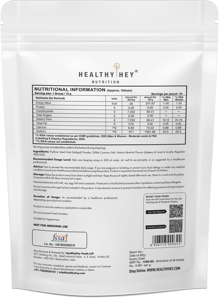 HealthyHey Nutrition Powder Psyllium Husk 99%, Metabolism Management - Fibre Support - 400 gram Powder