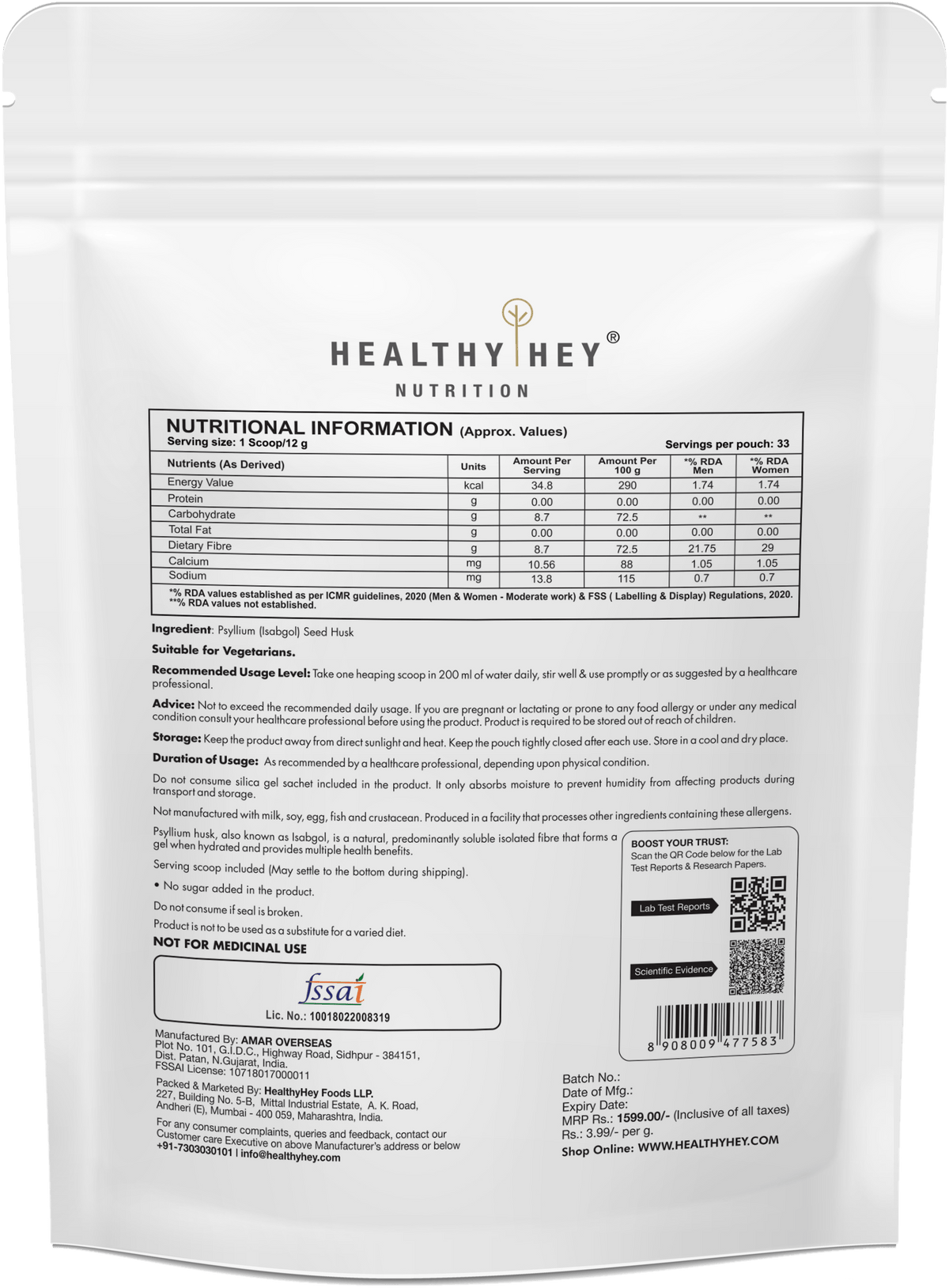 HealthyHey Nutrition Powder Psyllium Husk 99%, Metabolism Management - Fibre Support - 400 gram Powder