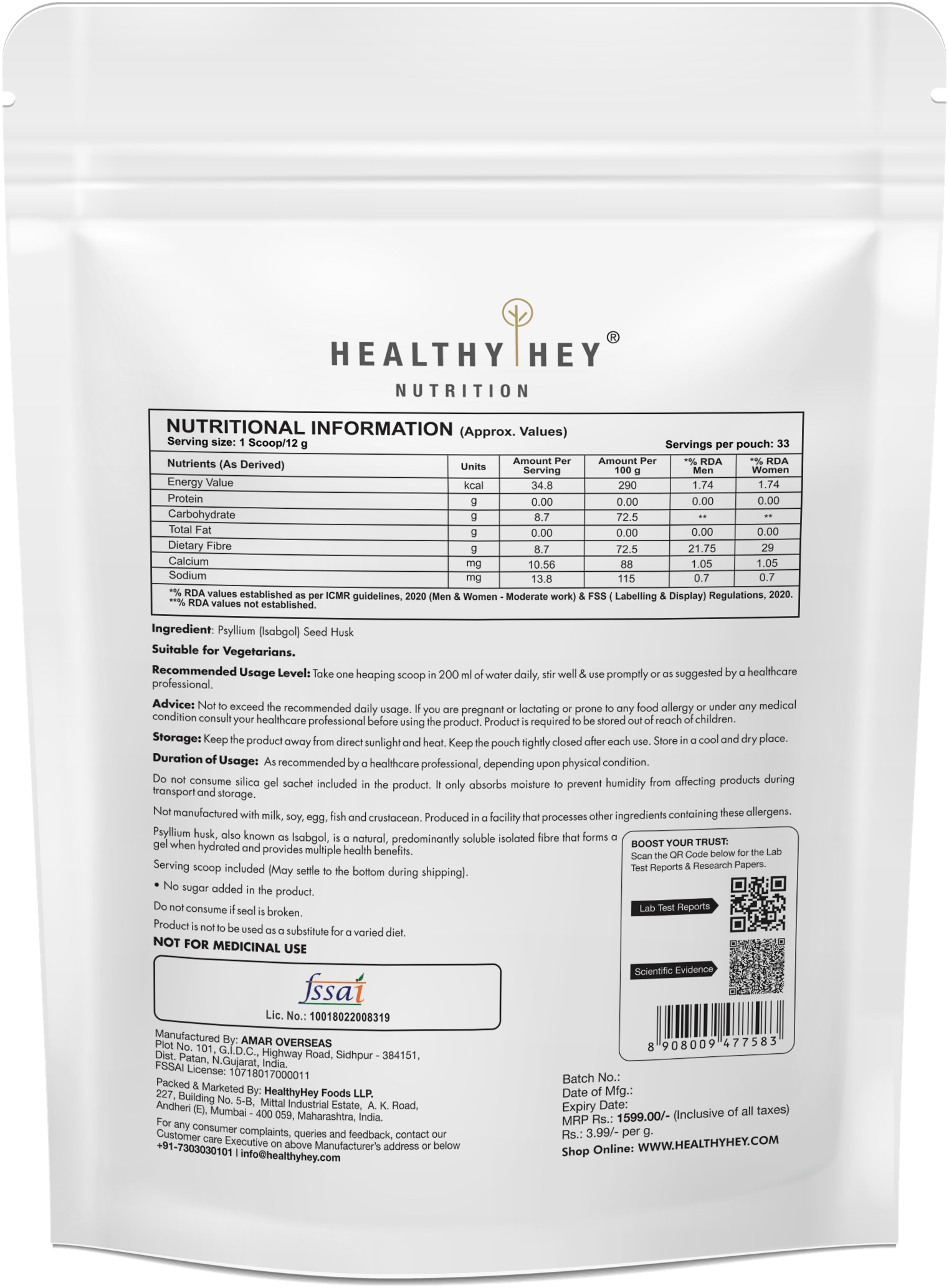 HealthyHey Nutrition Powder Psyllium Husk 99%, Metabolism Management - Fibre Support - 400 gram Powder
