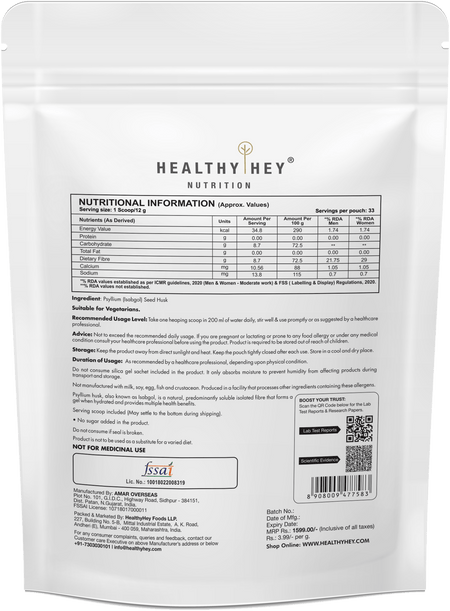 HealthyHey Nutrition Powder Psyllium Husk 99%, Metabolism Management - Fibre Support - 400 gram Powder