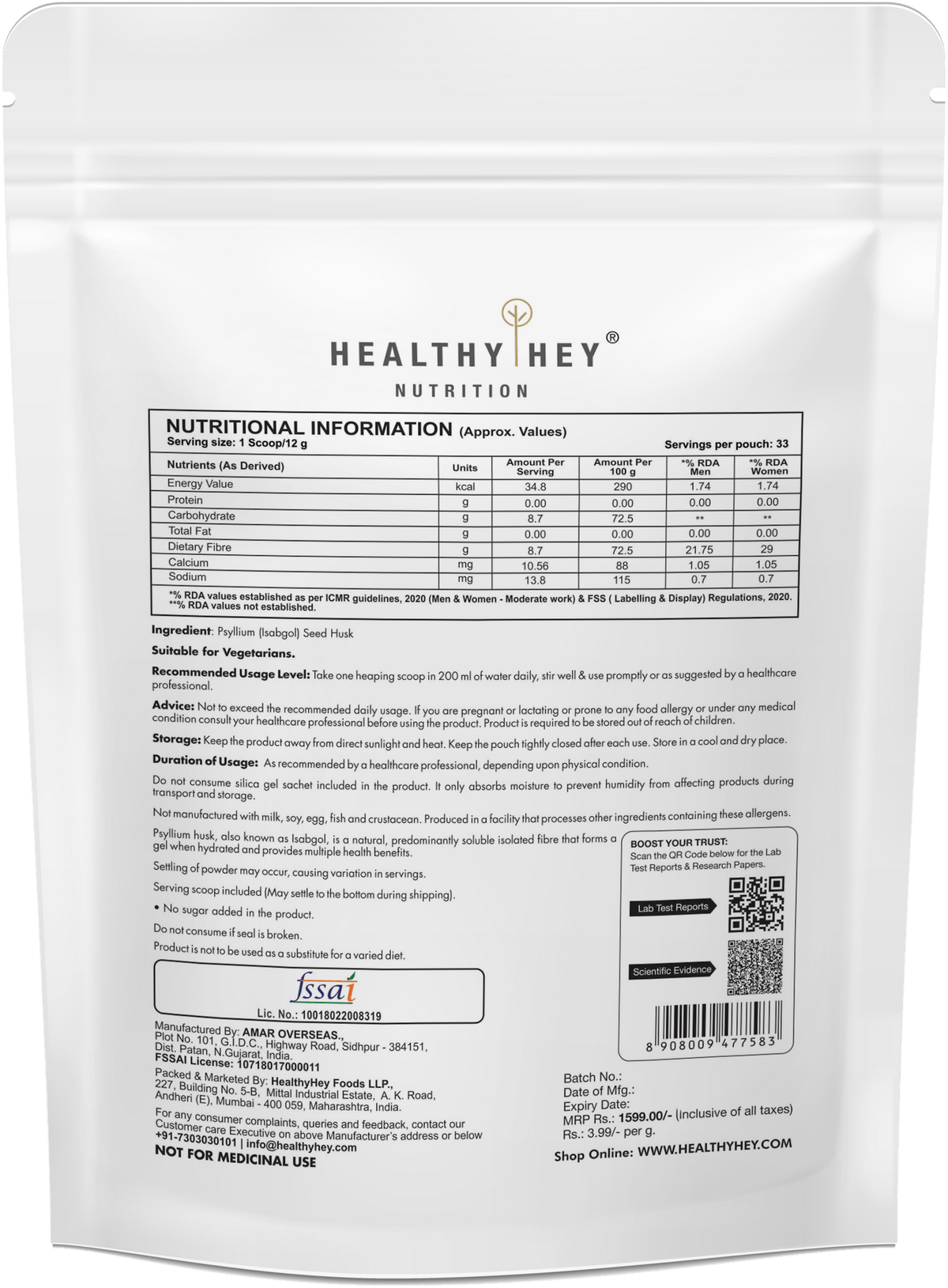 HealthyHey Nutrition Powder Psyllium Husk 99%, Metabolism Management - Fibre Support - 400 gram Powder
