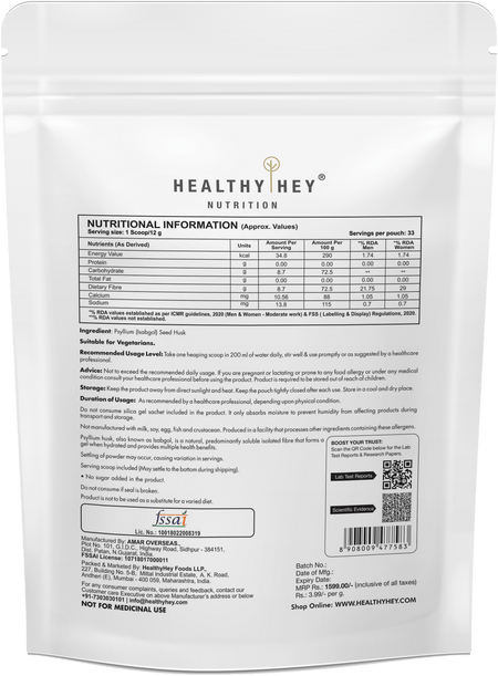 HealthyHey Nutrition Powder Psyllium Husk 99%, Metabolism Management - Fibre Support - 400 gram Powder