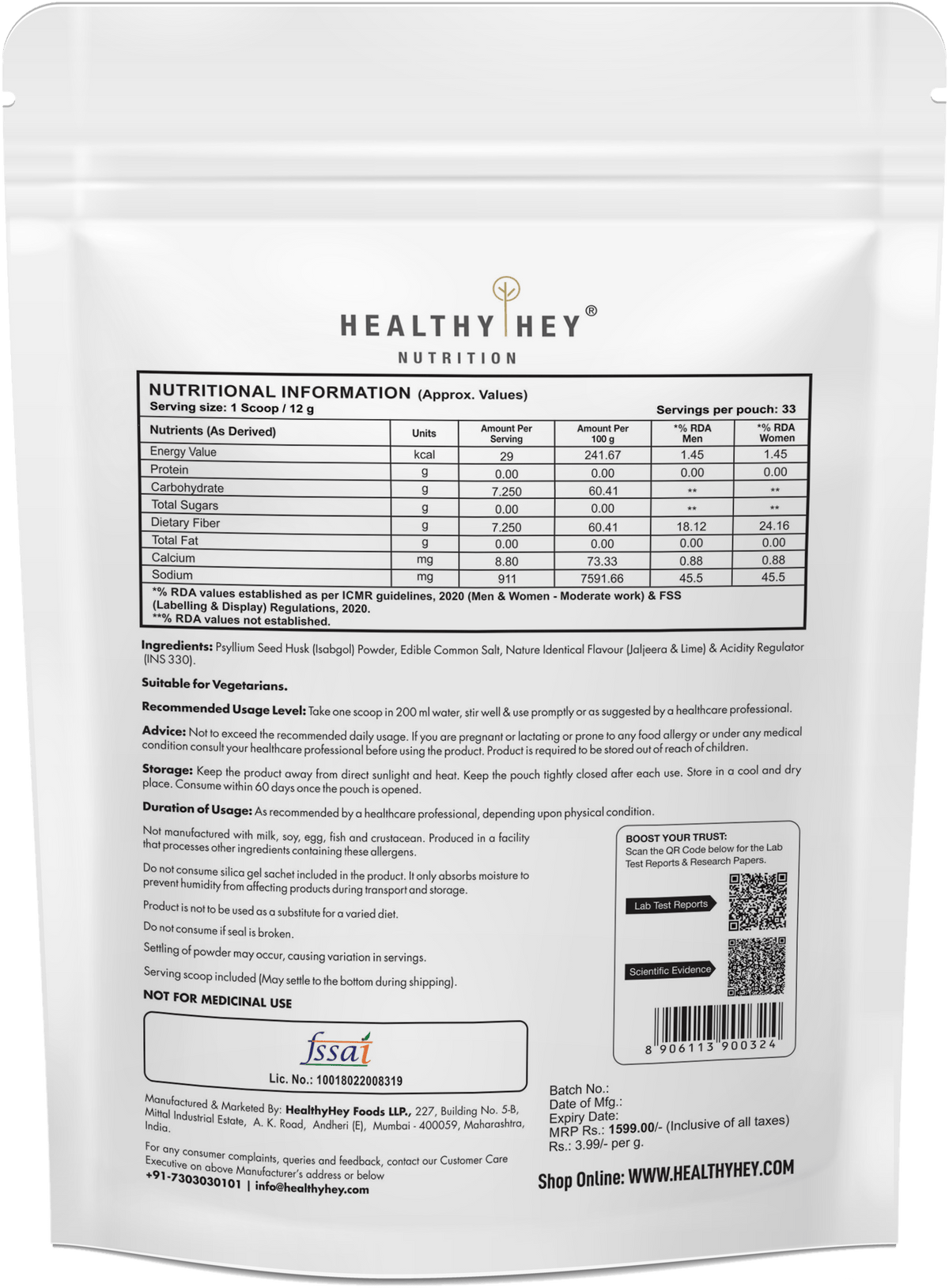 HealthyHey Nutrition Powder Psyllium Husk 99%, Metabolism Management - Fibre Support - 400 gram Powder