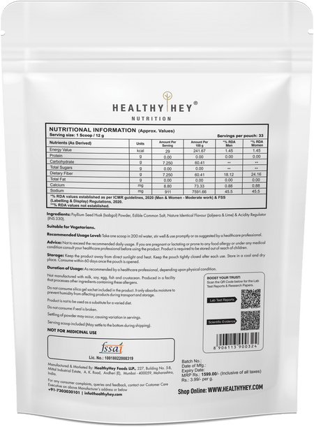 HealthyHey Nutrition Powder Psyllium Husk 99%, Metabolism Management - Fibre Support - 400 gram Powder