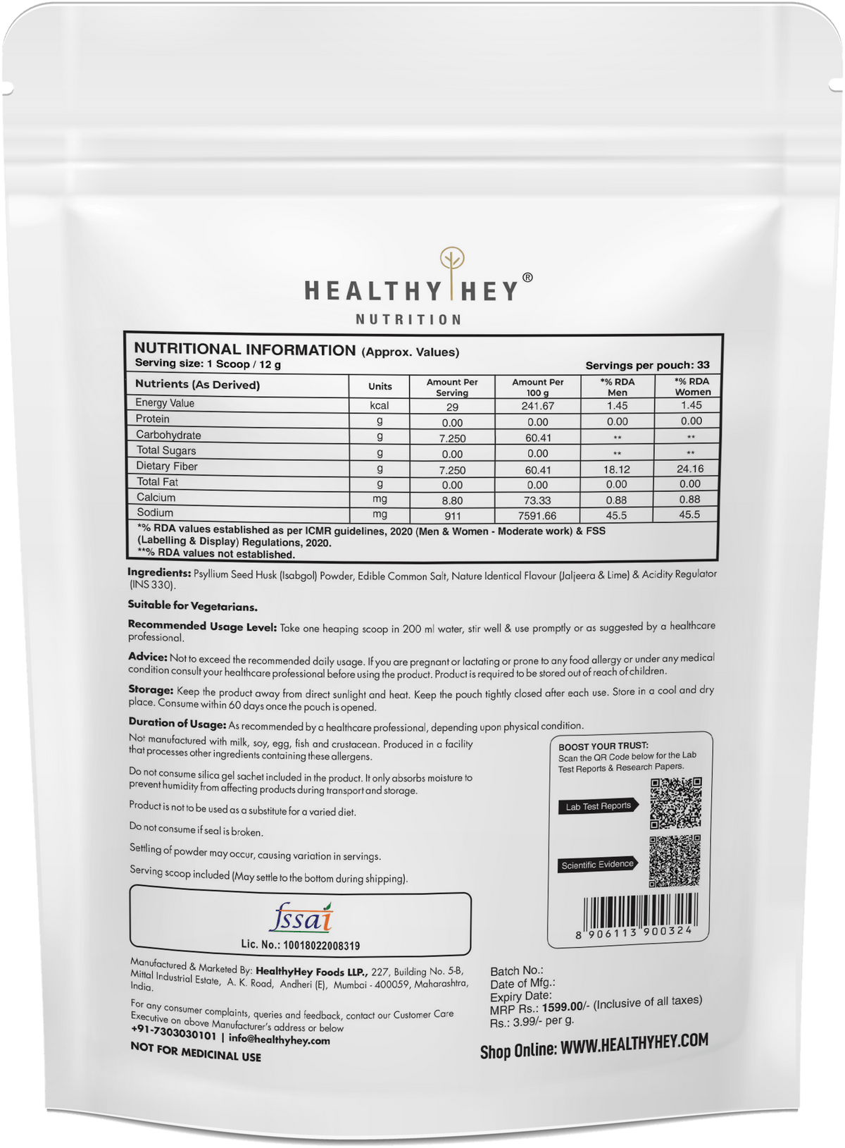 HealthyHey Nutrition Powder Psyllium Husk 99%, Metabolism Management - Fibre Support - 400 gram Powder