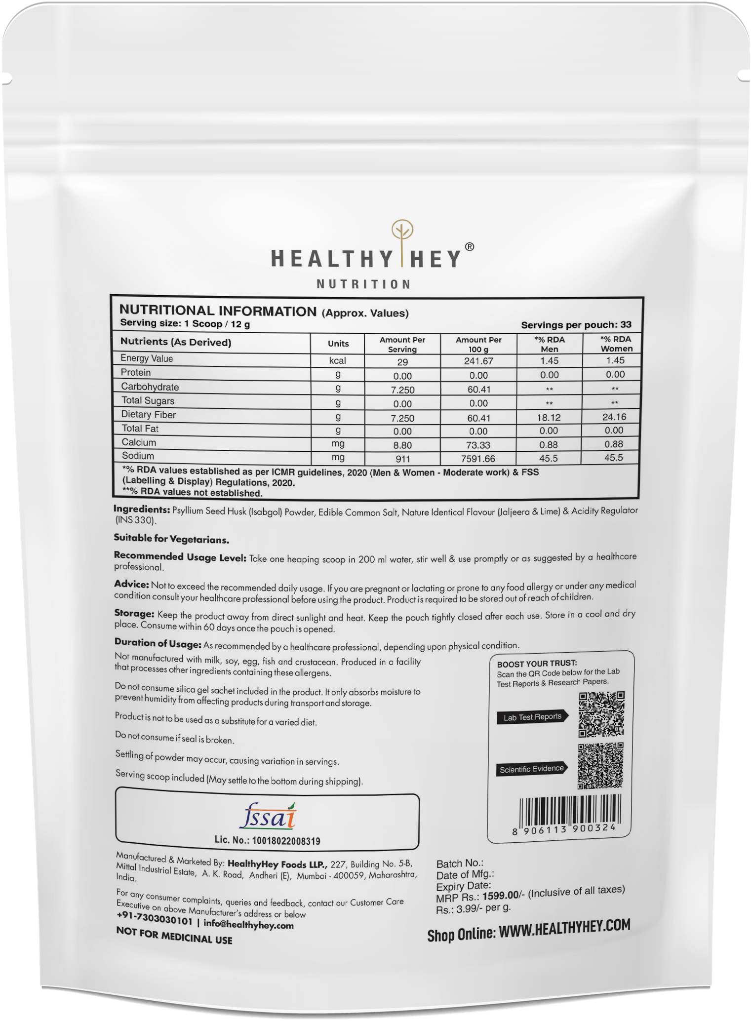 HealthyHey Nutrition Powder Psyllium Husk 99%, Metabolism Management - Fibre Support - 400 gram Powder