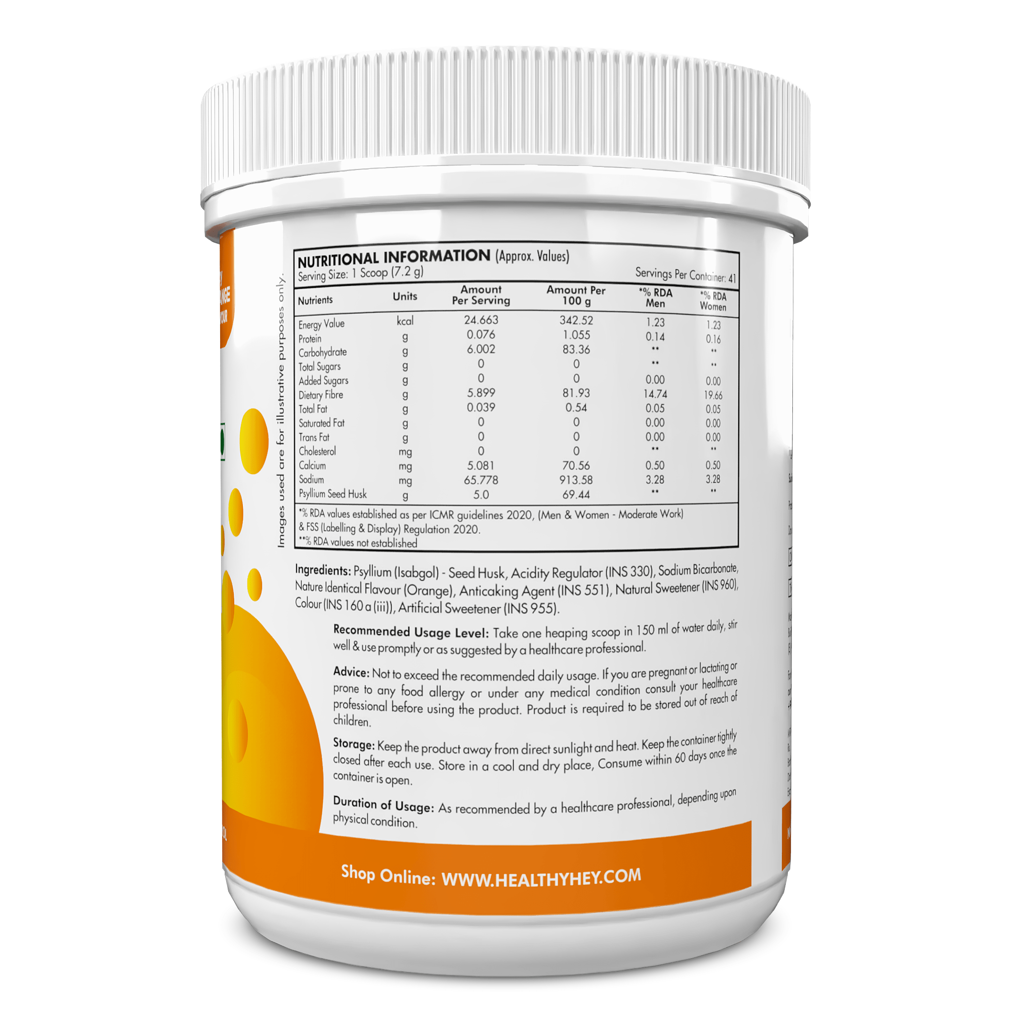 HealthyHey Nutrition Powder Psyllium Seed Husk  Isabgol Powder  Fizzy Orange Flavour 300g