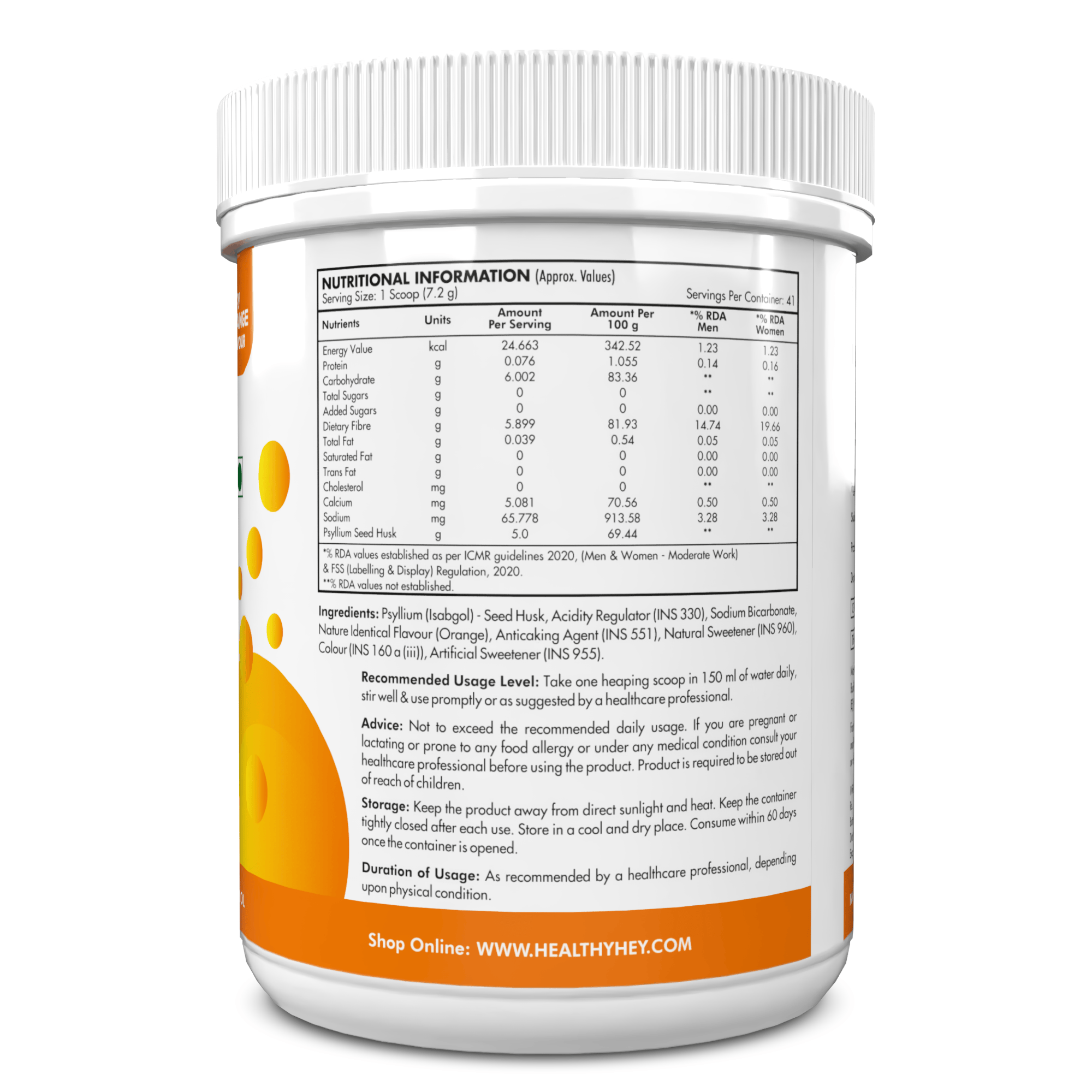 HealthyHey Nutrition Powder Psyllium Seed Husk  Isabgol Powder  Fizzy Orange Flavour 300g