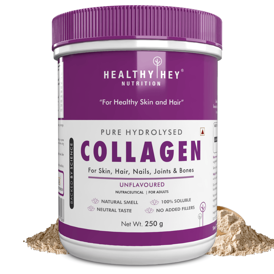 HealthyHey Nutrition Powder Pure Collagen Powder | Collagen Supplement for Glowing Skin | Pure Hydrolysed Collagen Powder for Women and Men | Unflavoured-250 gm