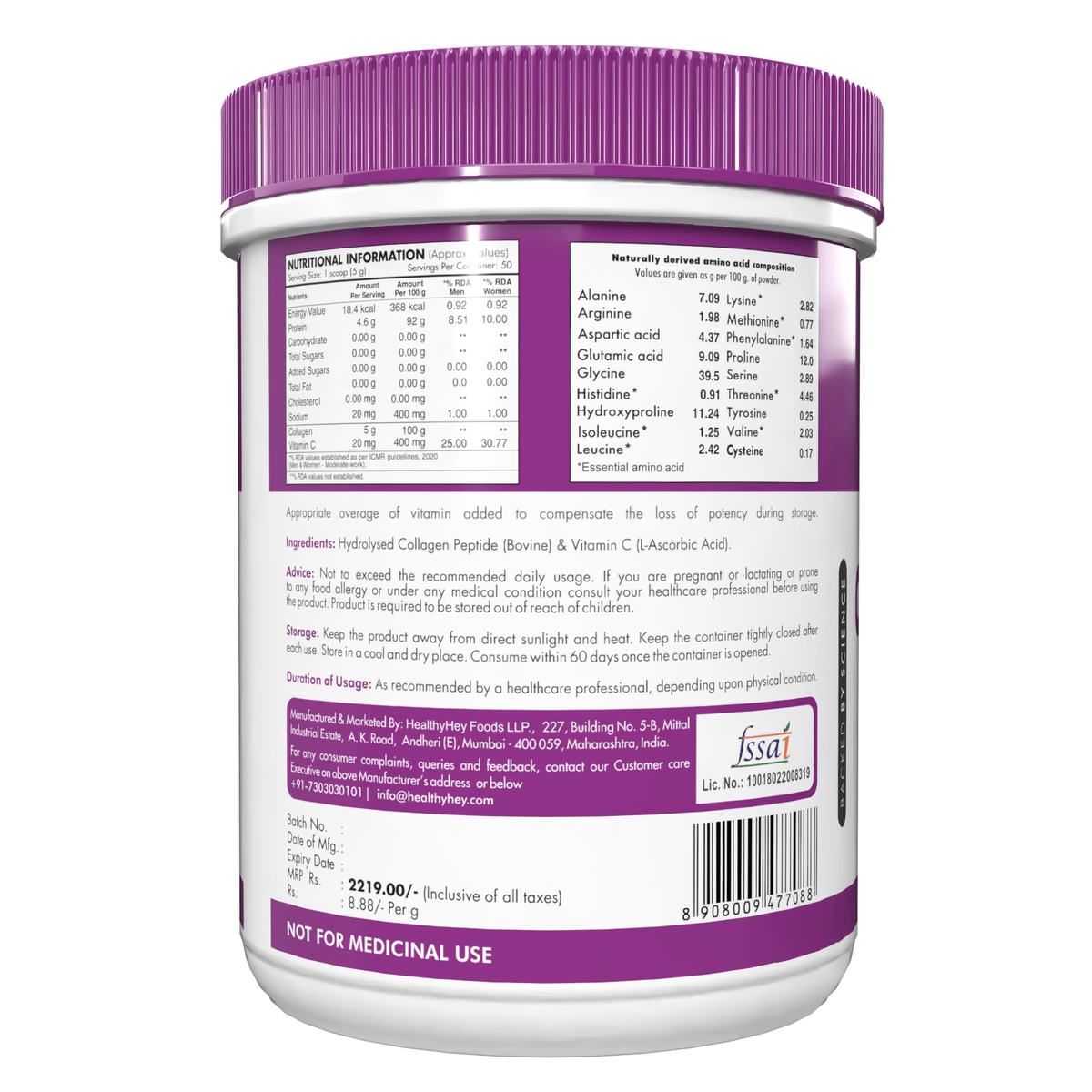 HealthyHey Nutrition Powder Pure Collagen Powder | Collagen Supplement for Glowing Skin | Pure Hydrolysed Collagen Powder for Women and Men | Unflavoured-250 gm