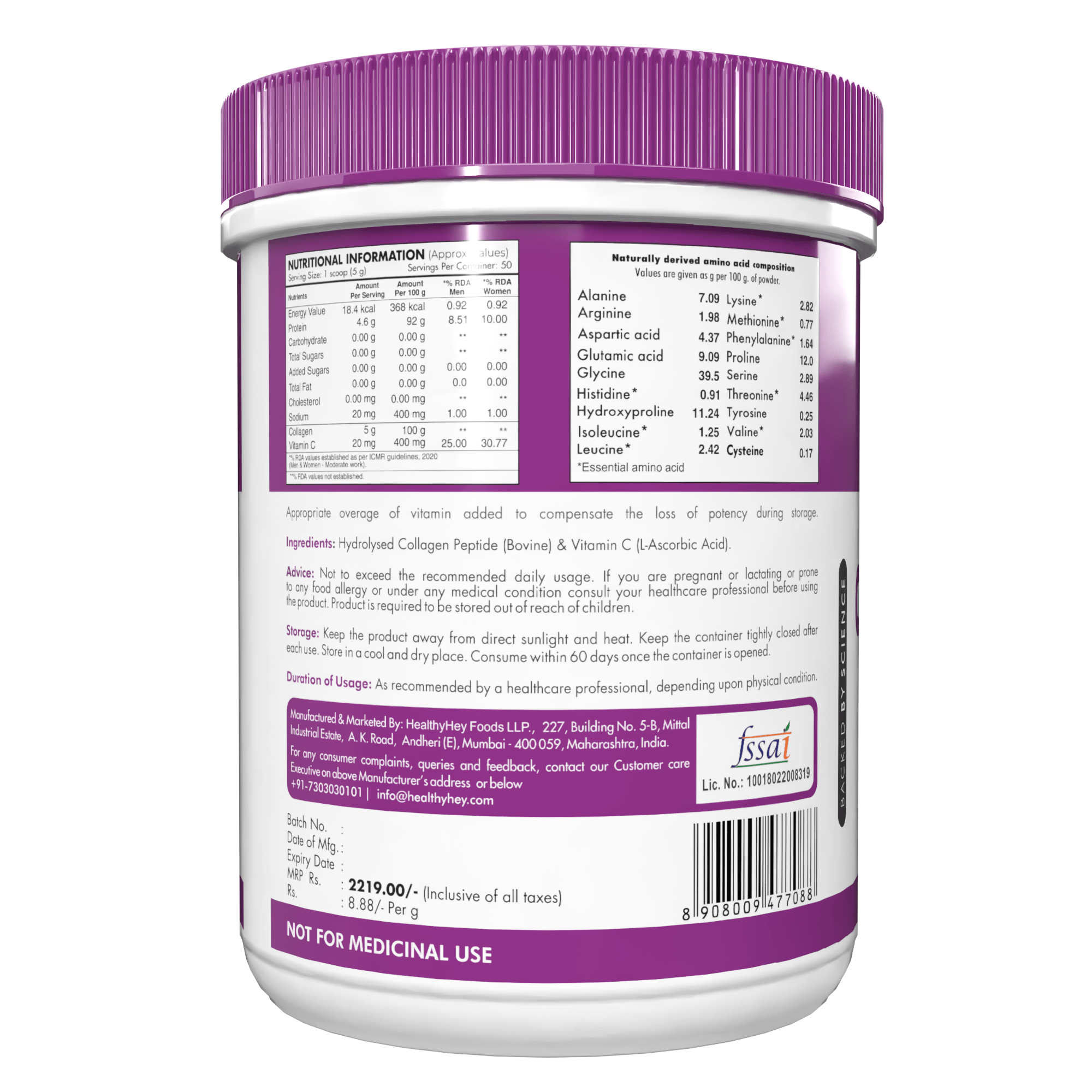 HealthyHey Nutrition Powder Pure Collagen Powder | Collagen Supplement for Glowing Skin | Pure Hydrolysed Collagen Powder for Women and Men | Unflavoured-250 gm