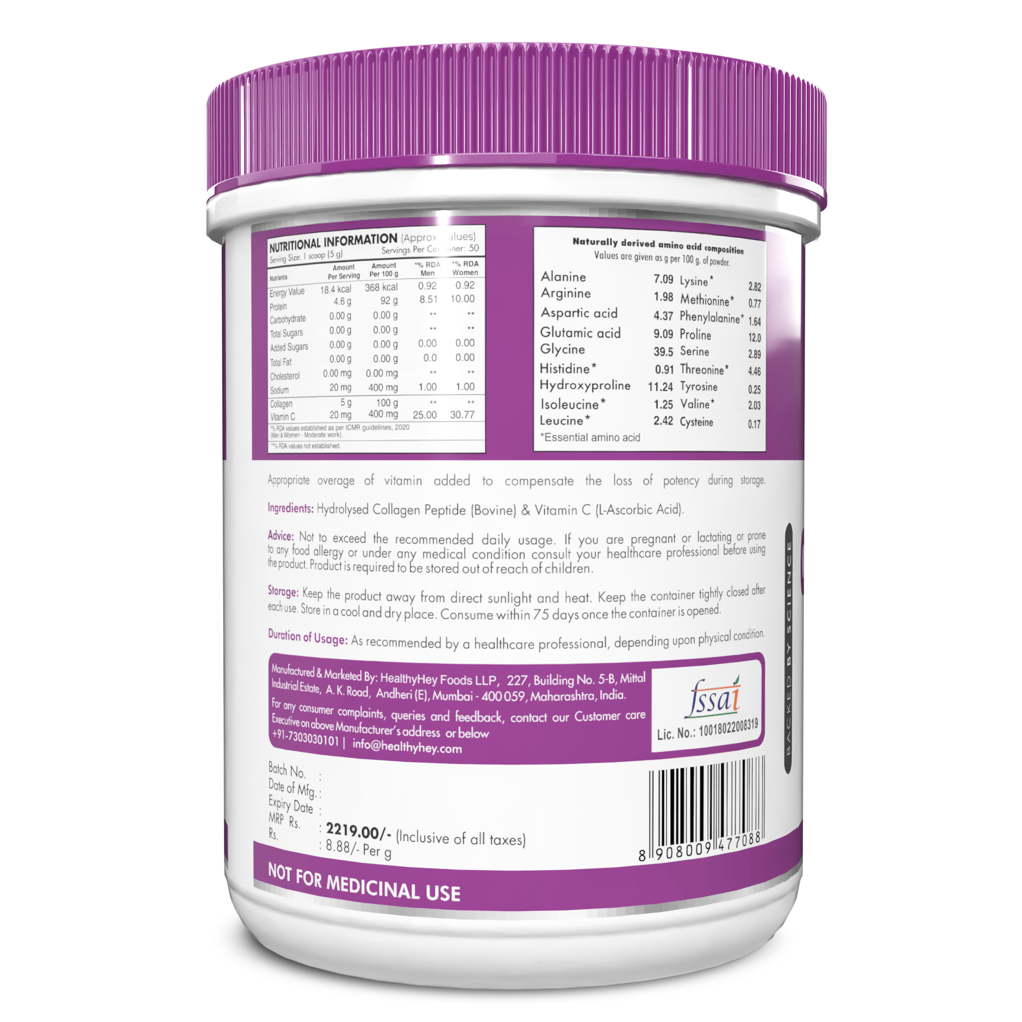 HealthyHey Nutrition Powder Pure Collagen Powder | Collagen Supplement for Glowing Skin | Pure Hydrolysed Collagen Powder for Women and Men | Unflavoured-250 gm