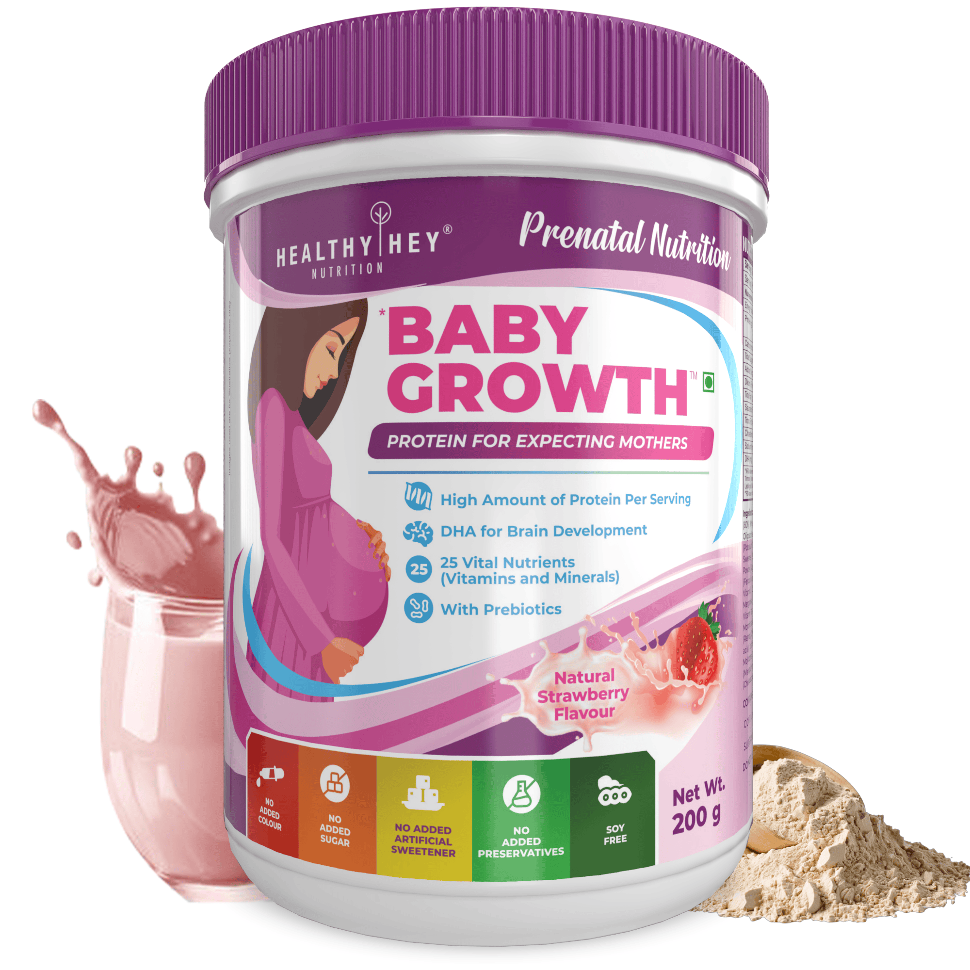 HealthyHey Nutrition Powder Strawberry Prenatal Vitamin Supplement Shake for Expecting Mother - BabyGrowth - 200 gram - All Natural - Tastes Great- Vegetarian - High Protein - Prebiotics